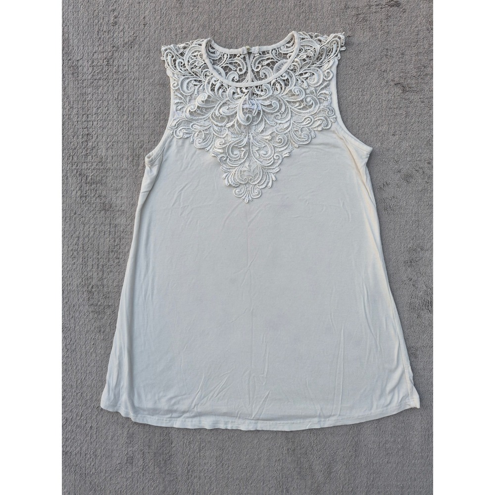 Arianne Cream Lace Yoke Sleeveless Top Womens Medium Rayon Blend Knit Tank